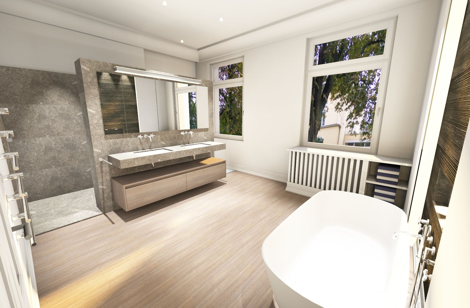 Ein helles geräumiges Badezimmer